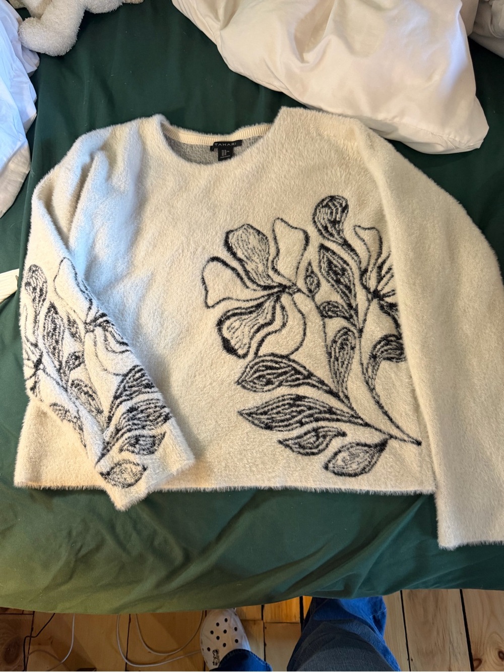 Tahari White Crewneck Sweater with Black Floral Embroidery